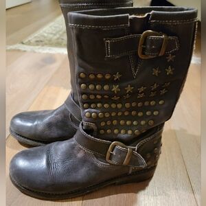 BED|STU Whacky Motorcycle Boots Black/brown Leather Distressed Studs Size 6.5